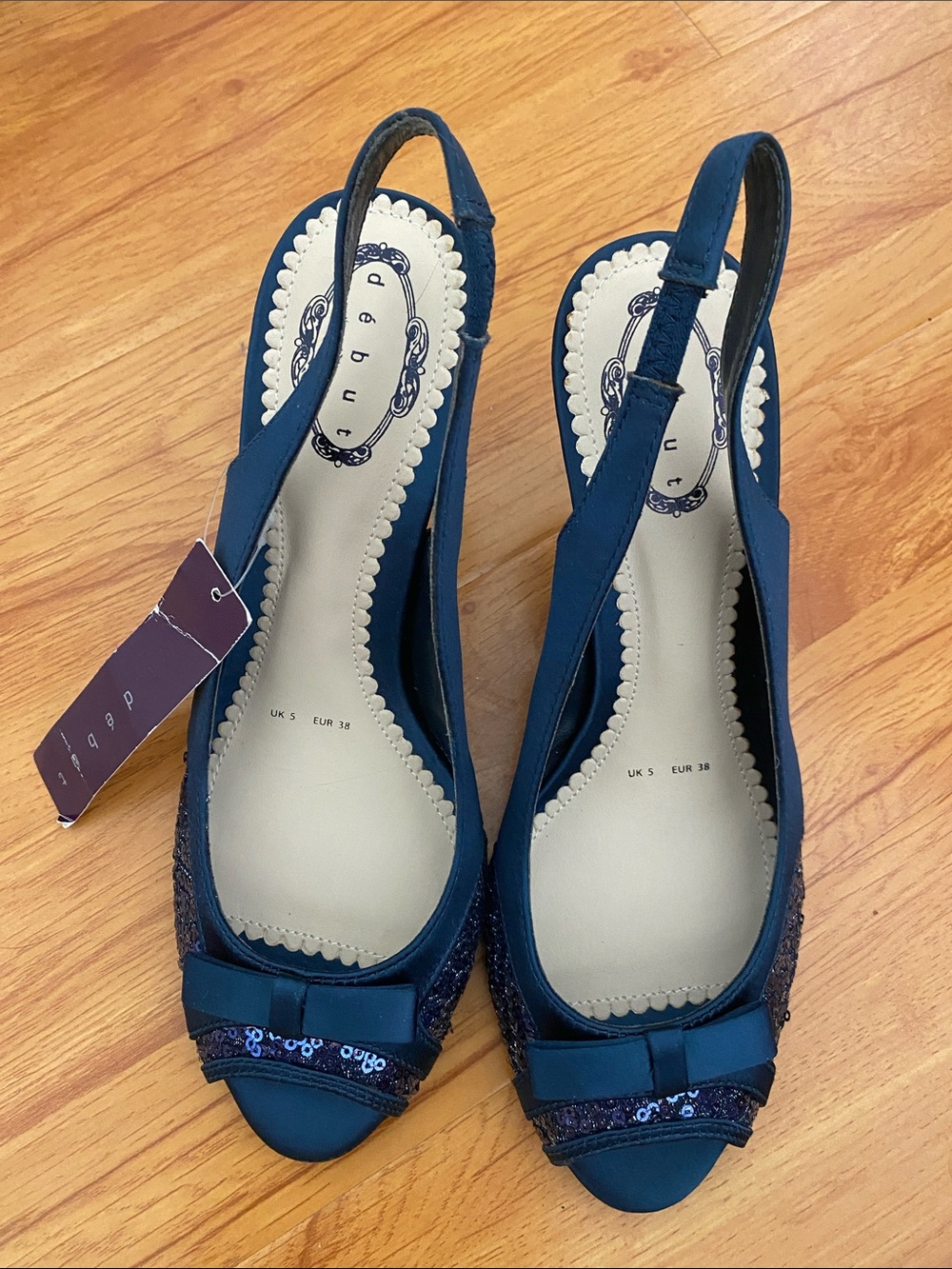 debut Navy Peep-Toe Slingback Heels with Bow and Sequin Trim